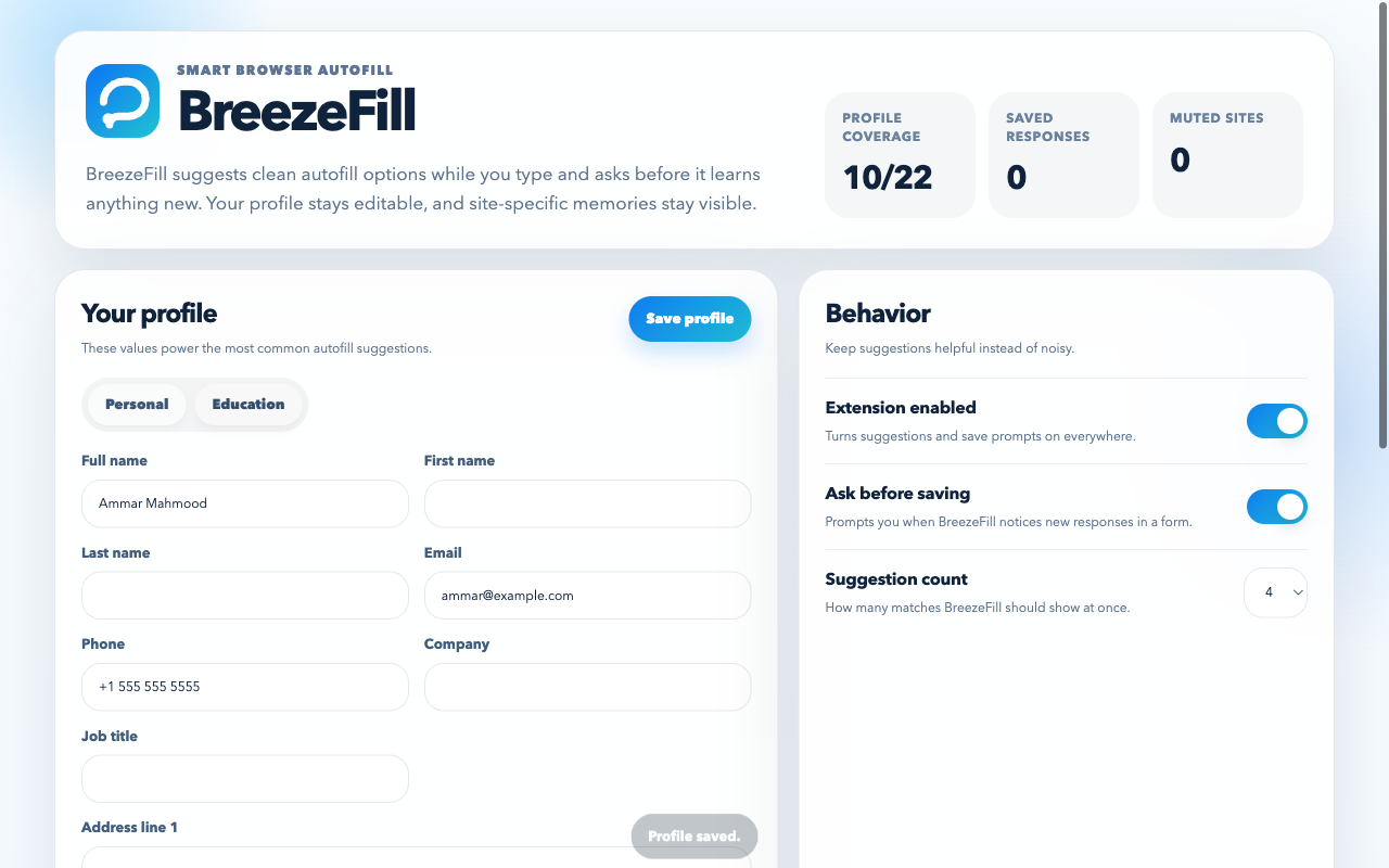 BreezeFill settings page