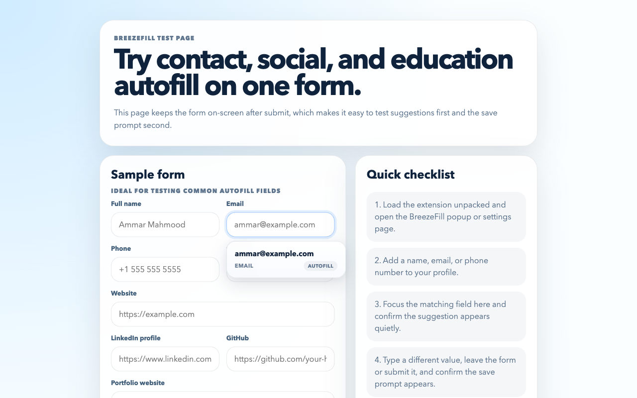 BreezeFill suggestion menu shown in a form field